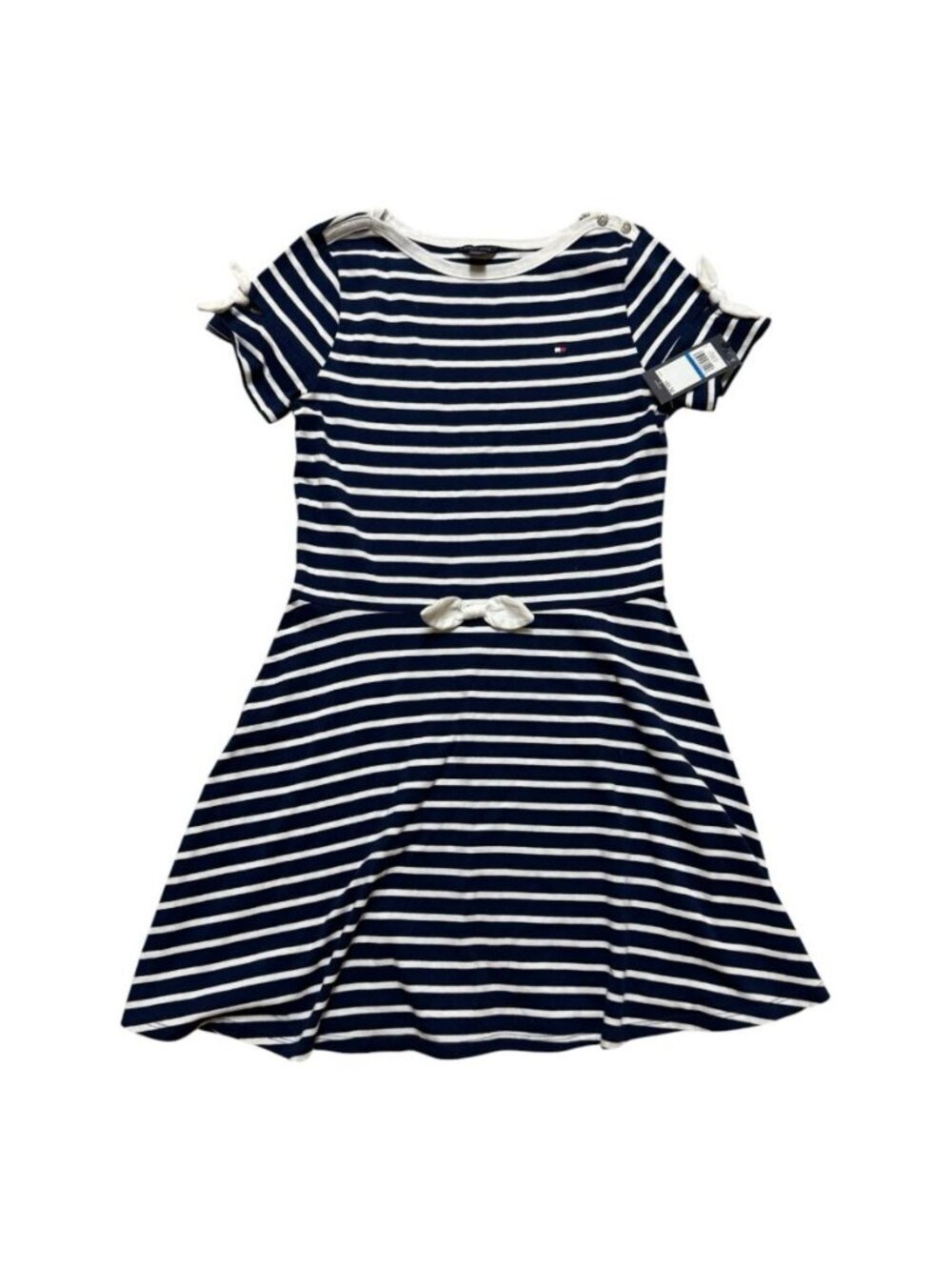 Tommy Hilfiger Girls Striped Dress XL 16 Navy White Bow NWT Short Sleeve